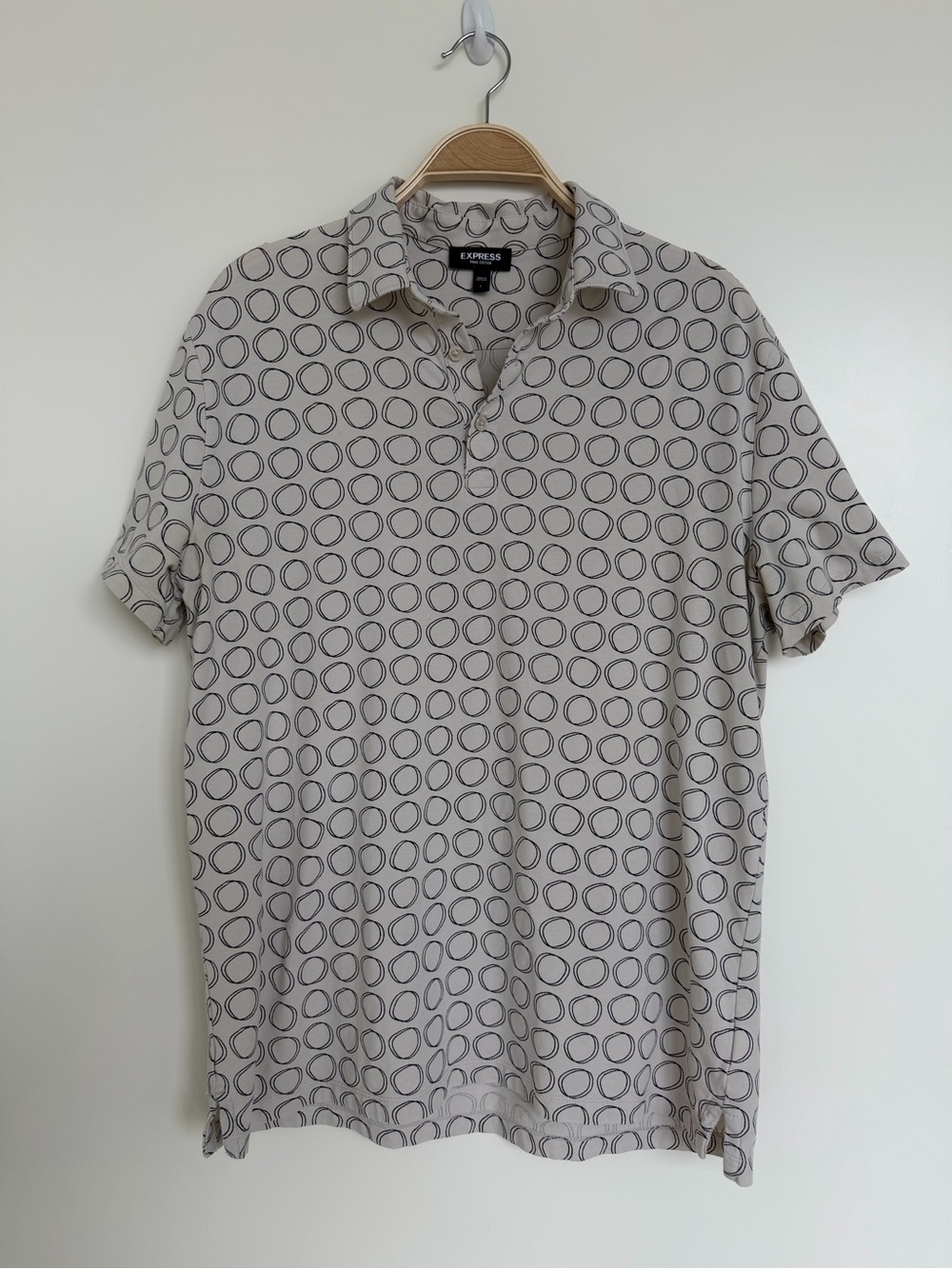 Express Men's Short Sleeve Polo - Cream with Navy Circle Print